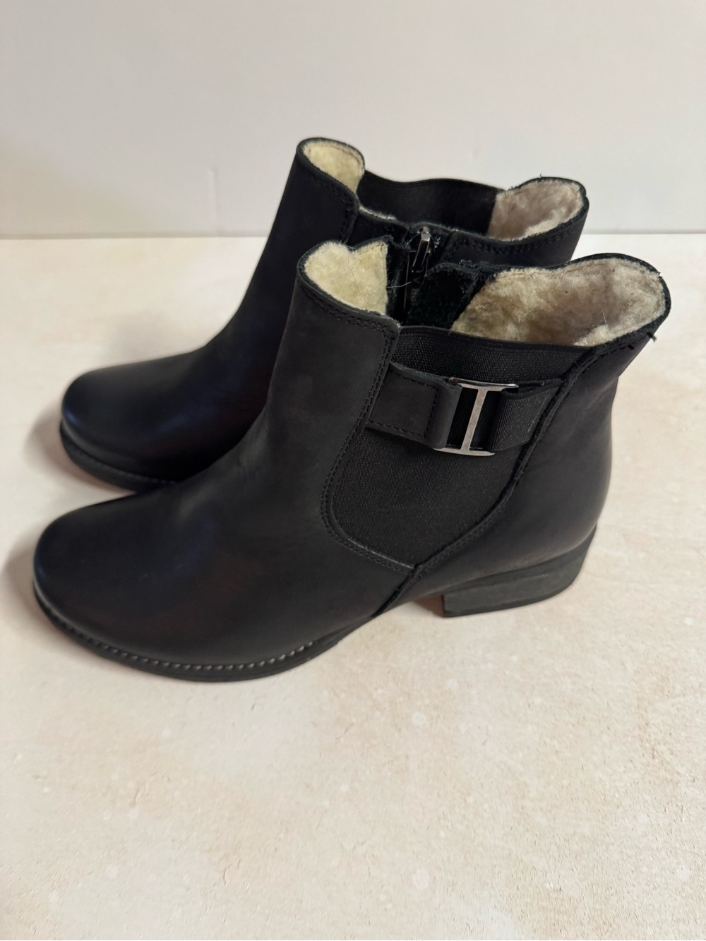 Black Shearling-Lined Ankle Booties with Side Buckle